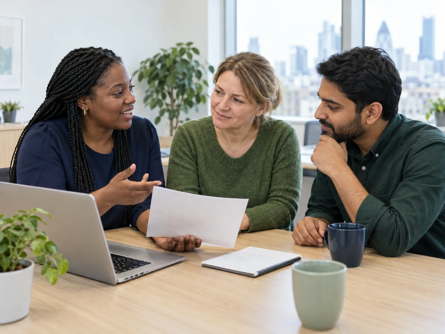 Illustrative image of three adults from different backgrounds discussing paperwork together